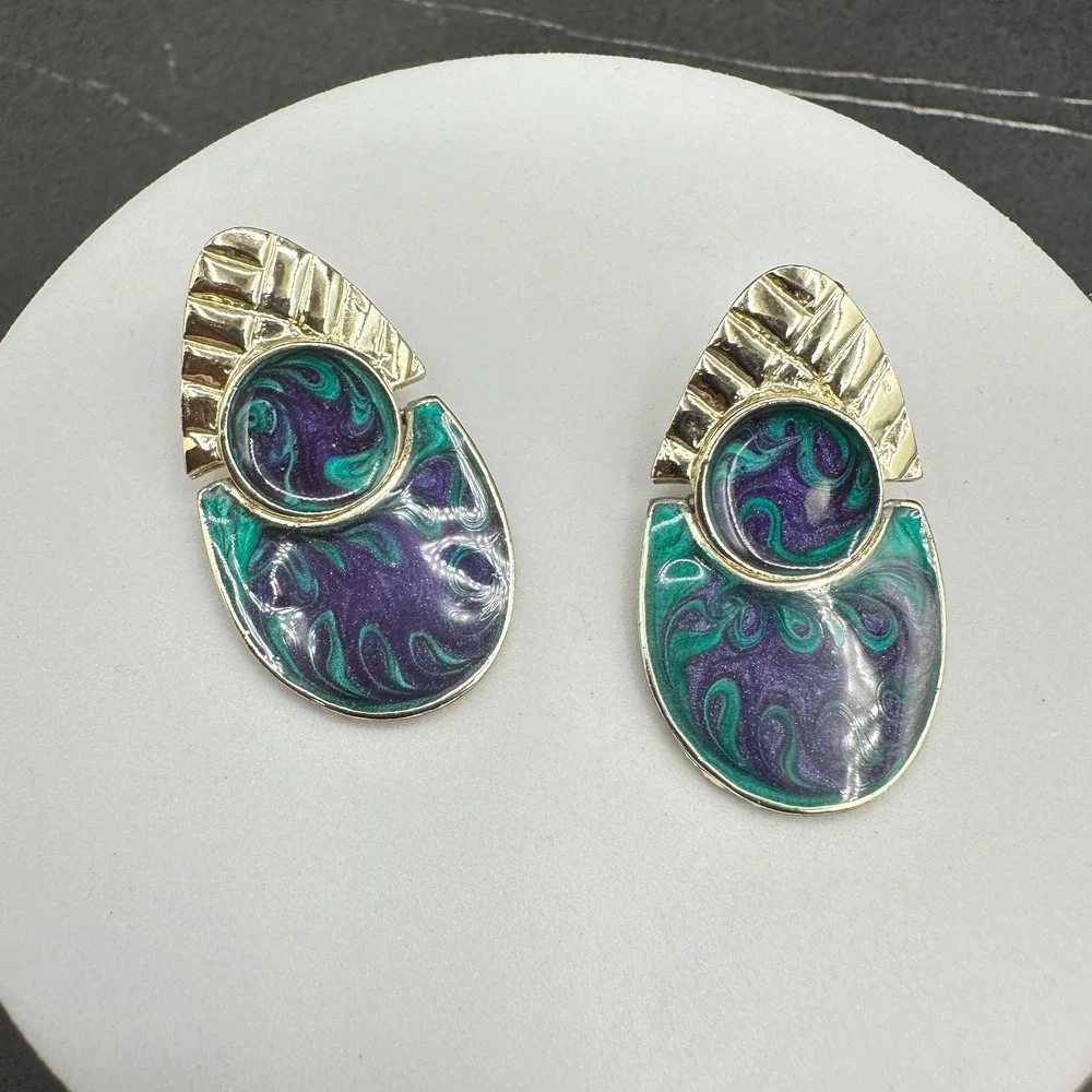 Vintage Abstract Enamel Drop Earrings Green Purple Gold Tone Modern Art Style